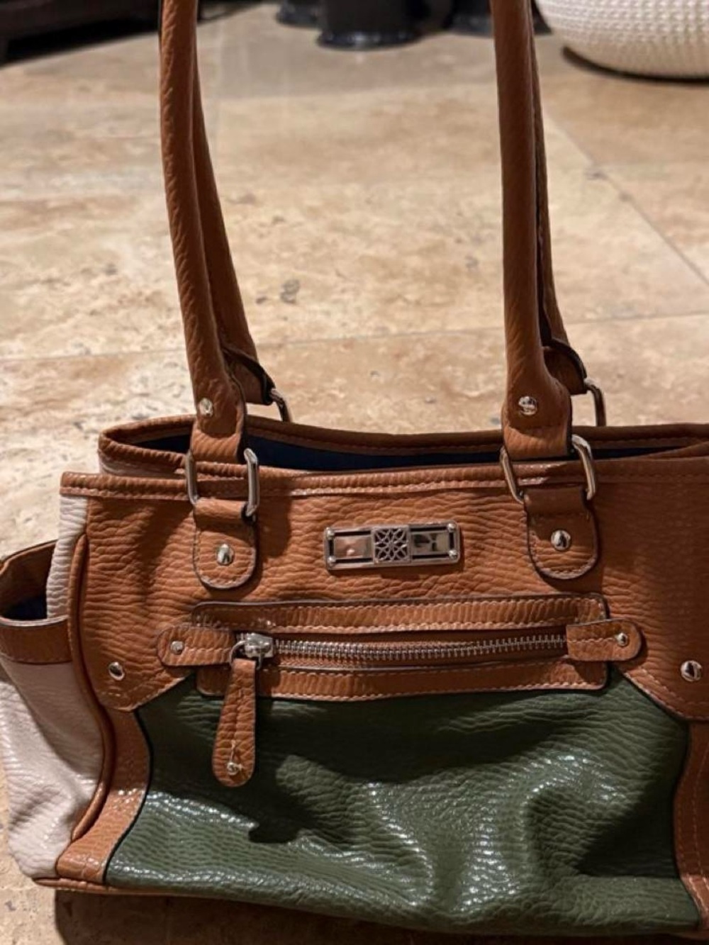 Two-Tone Brown and Green Leather Hobo Shoulder Bag